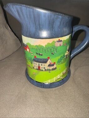 Vintage Valerie Pillow Blue Ceramic Pitcher American Farm Green Country Scene